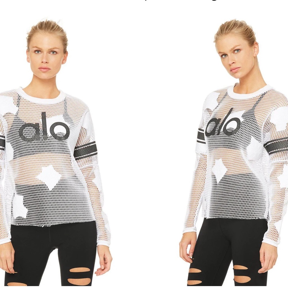 ALO YOGA MESH LONG SLEEVE TOP WHITE BLACK CRACKLE